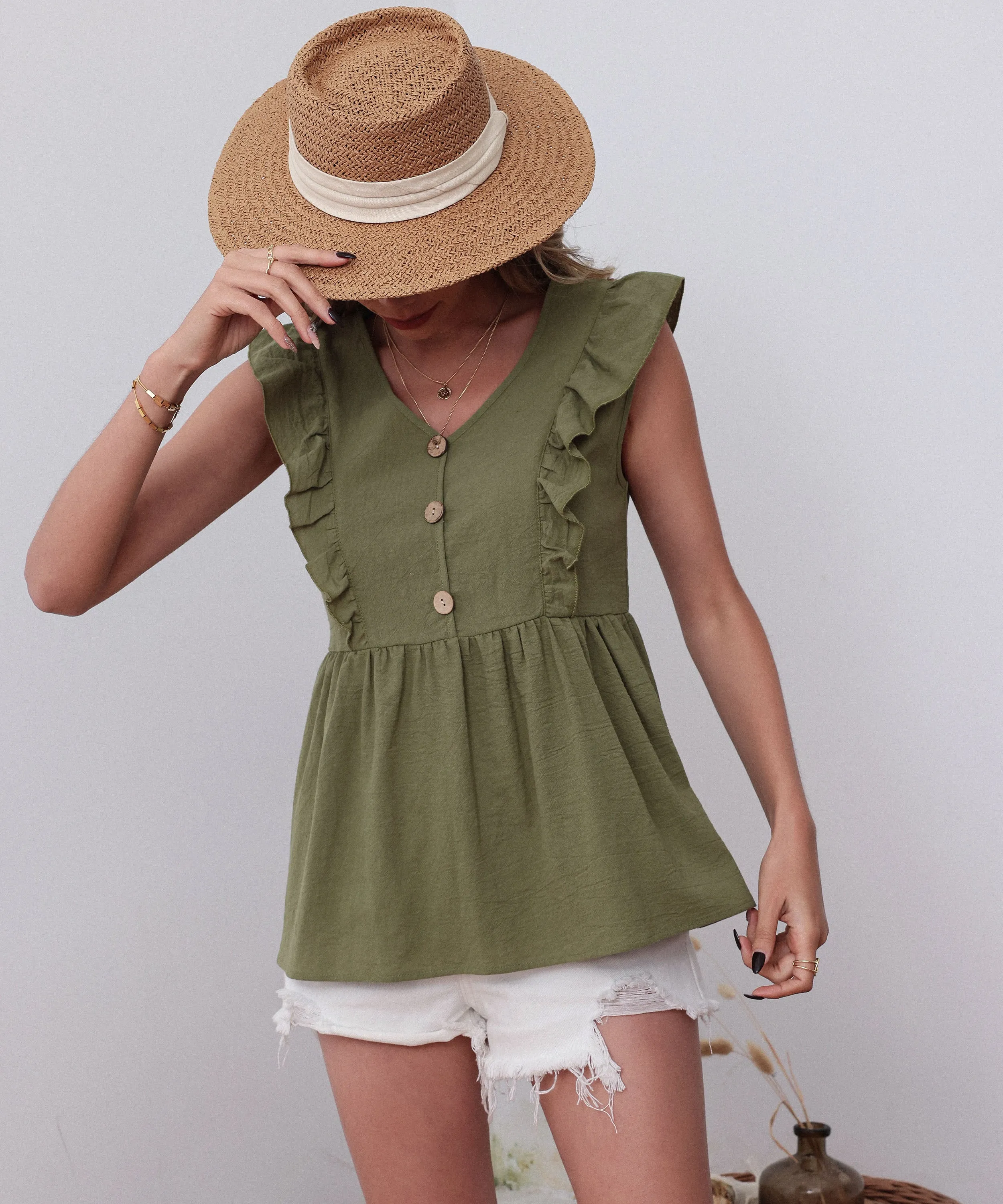 AULLY LINEN TOP - ARMY GREEN
