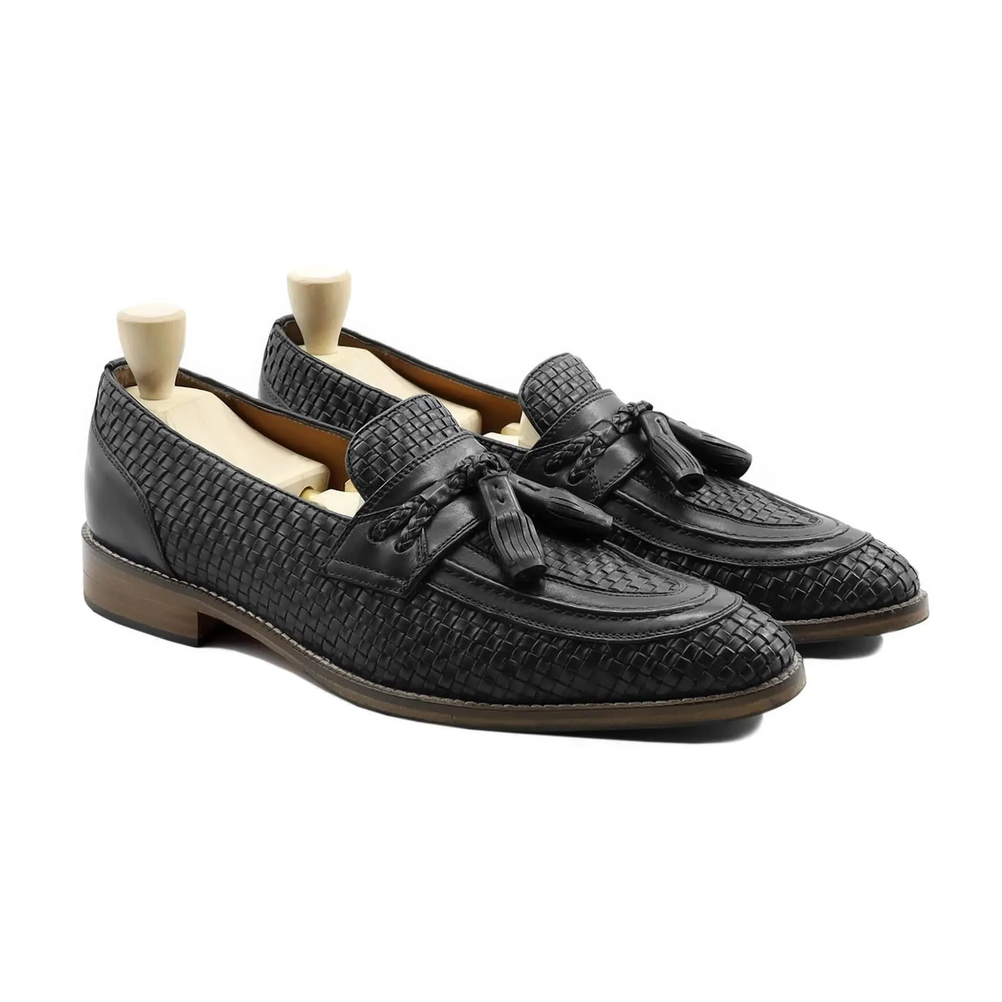 Handmade Custom Black Hand Woven Calf Leather Mens Loafers