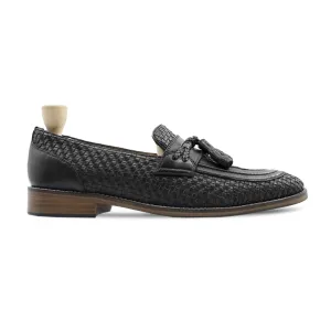 Handmade Custom Black Hand Woven Calf Leather Mens Loafers