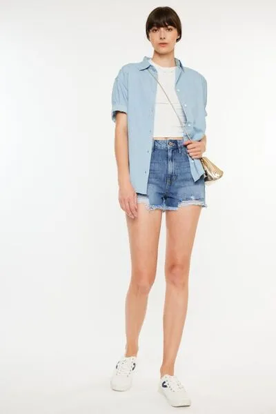 Hazel Blues® |  Kancan Distressed Raw Hem High Waist Denim Shorts