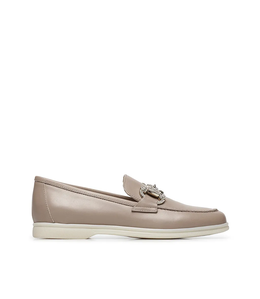 Jewel-buckle Mud-tone leather loafers