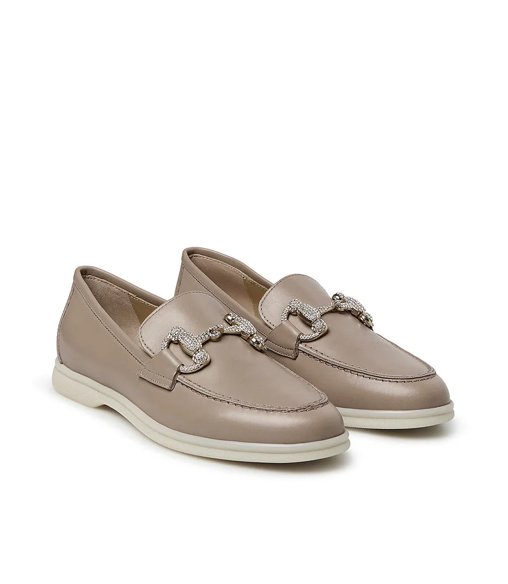 Jewel-buckle Mud-tone leather loafers