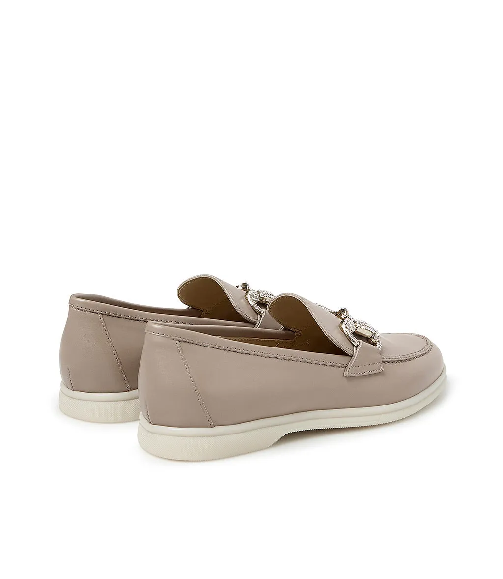 Jewel-buckle Mud-tone leather loafers