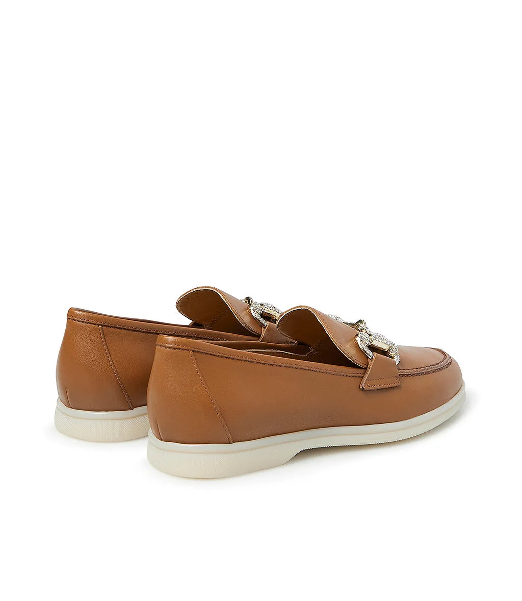 Jewel-buckle Tan leather loafers