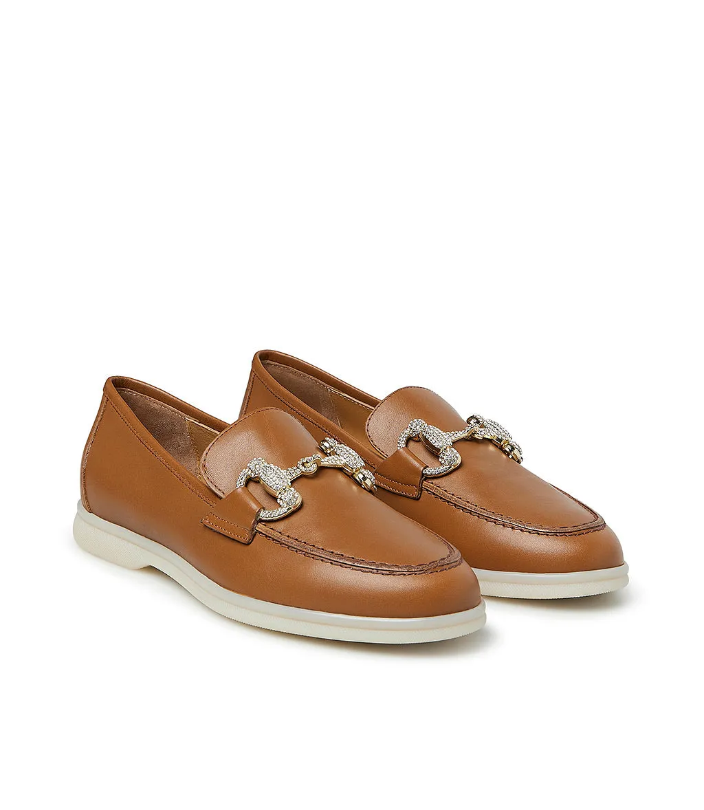 Jewel-buckle Tan leather loafers