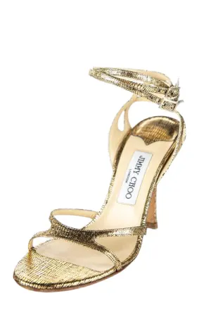 Jimmy Choo Gold Crackled Leather High Heel Sandals Size US 7.5 | EU 37.5
