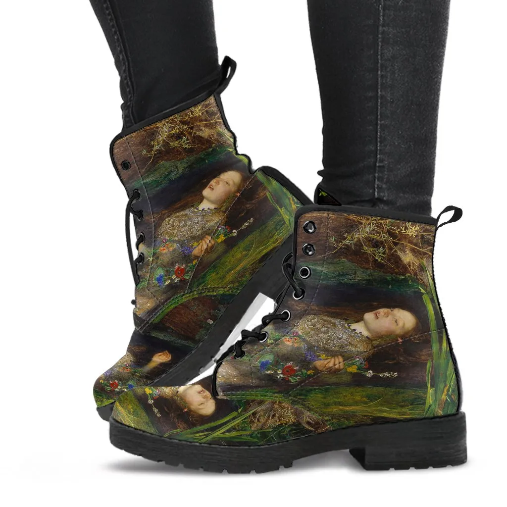 John Everett Millais - Ophelia -  Vegan Leather Combat Boots - Pre Rapaelite Art boots (JPREG90)