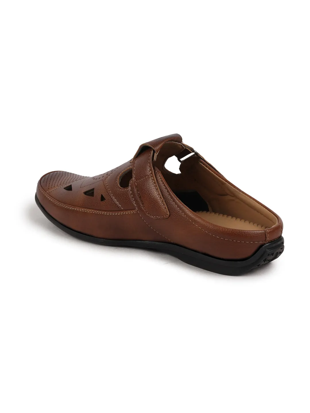 Men Tan Back Open Perforated Breathable Formal Sandal|Adujstable Strap Stitched Slip On Sandal