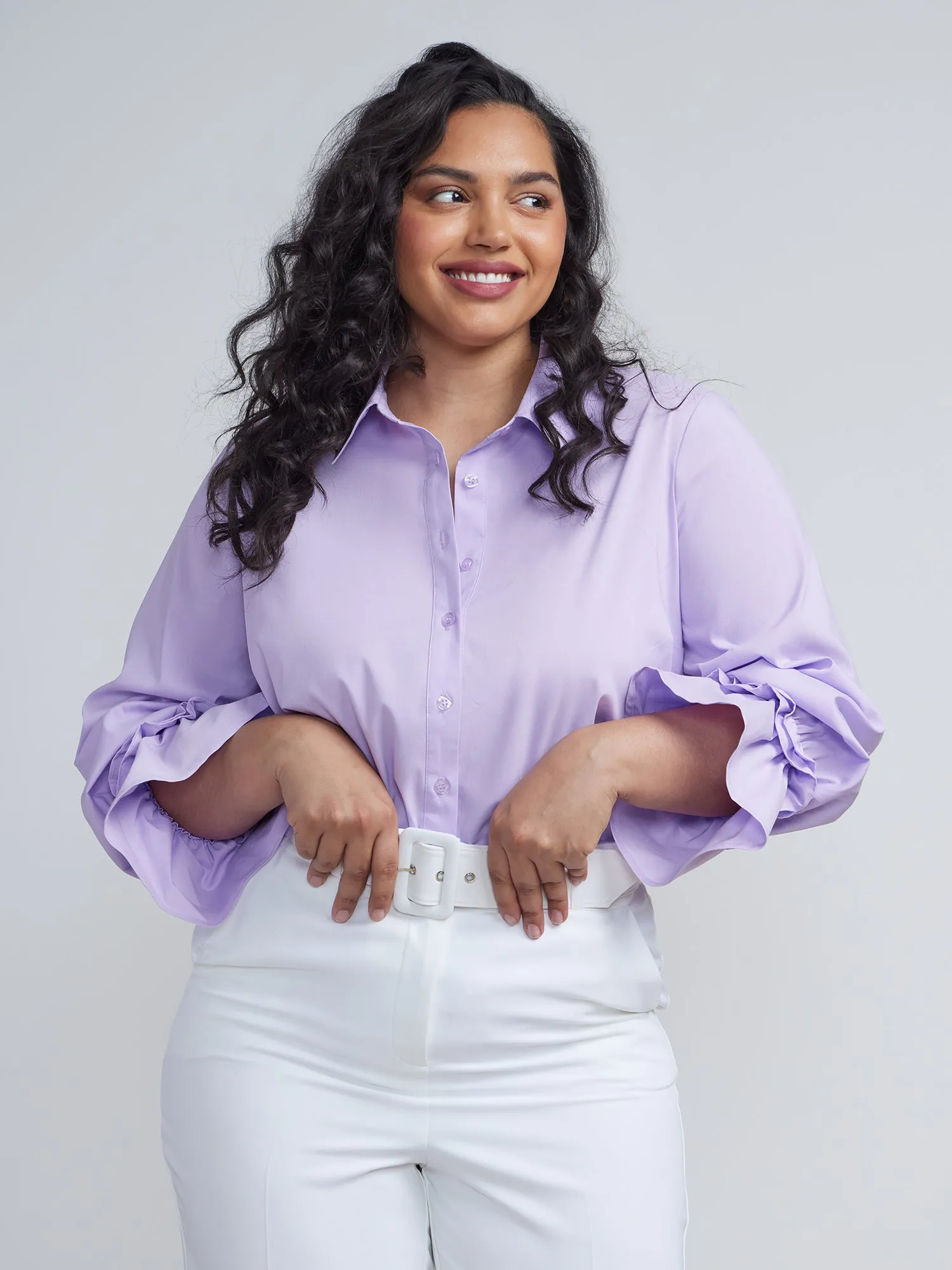 Plus Button-Front Ruffed Cuff Blouse