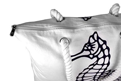 Premium Cotton Canvas Beach Handbags Nautical Seahorse Design Bag