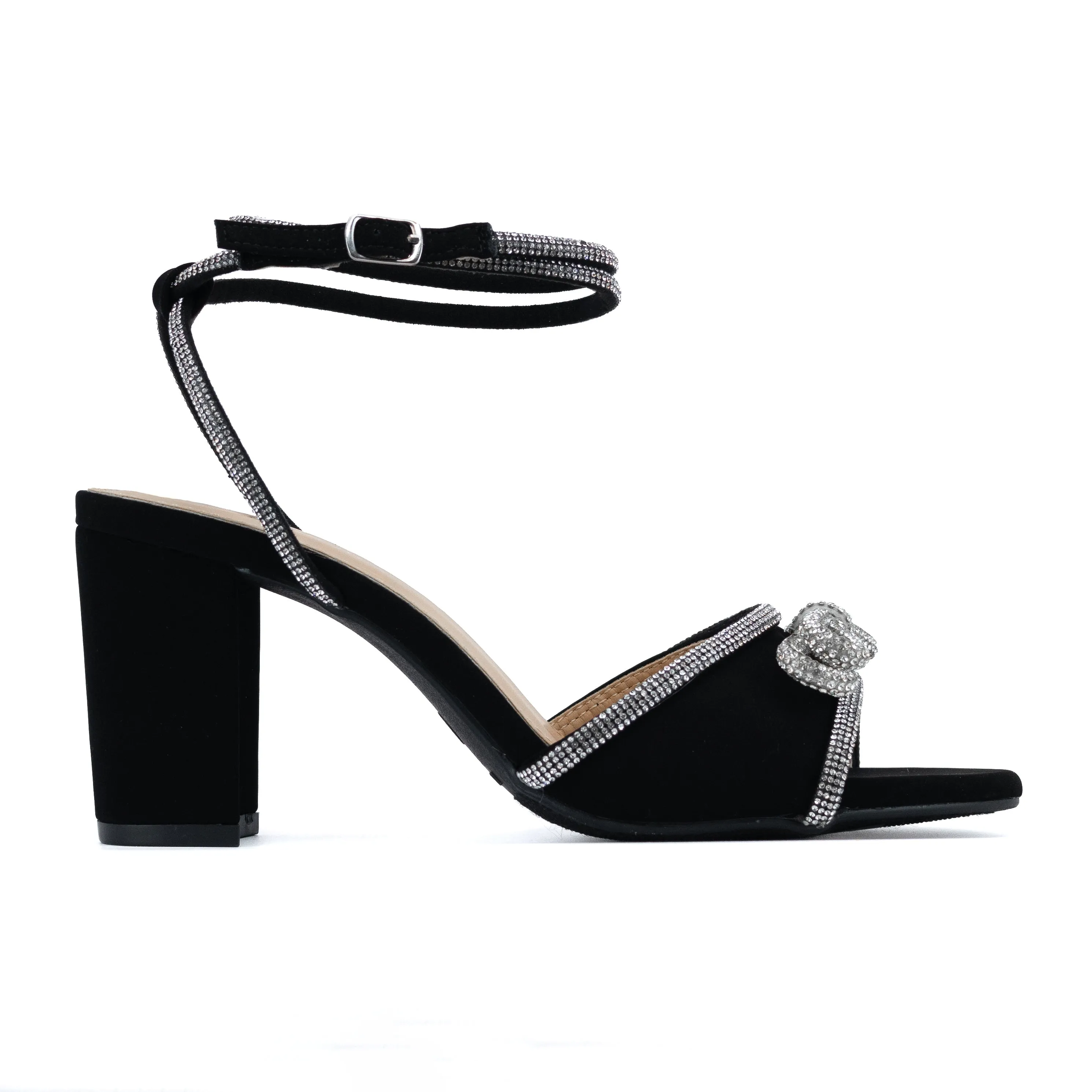 Sunshine - Embellished Lace Up Mid Block Heels, Bow Rhinestone Detailing, Elegant Party Heels, Chic Evening Footwear, Comfortable & Glamorous Design