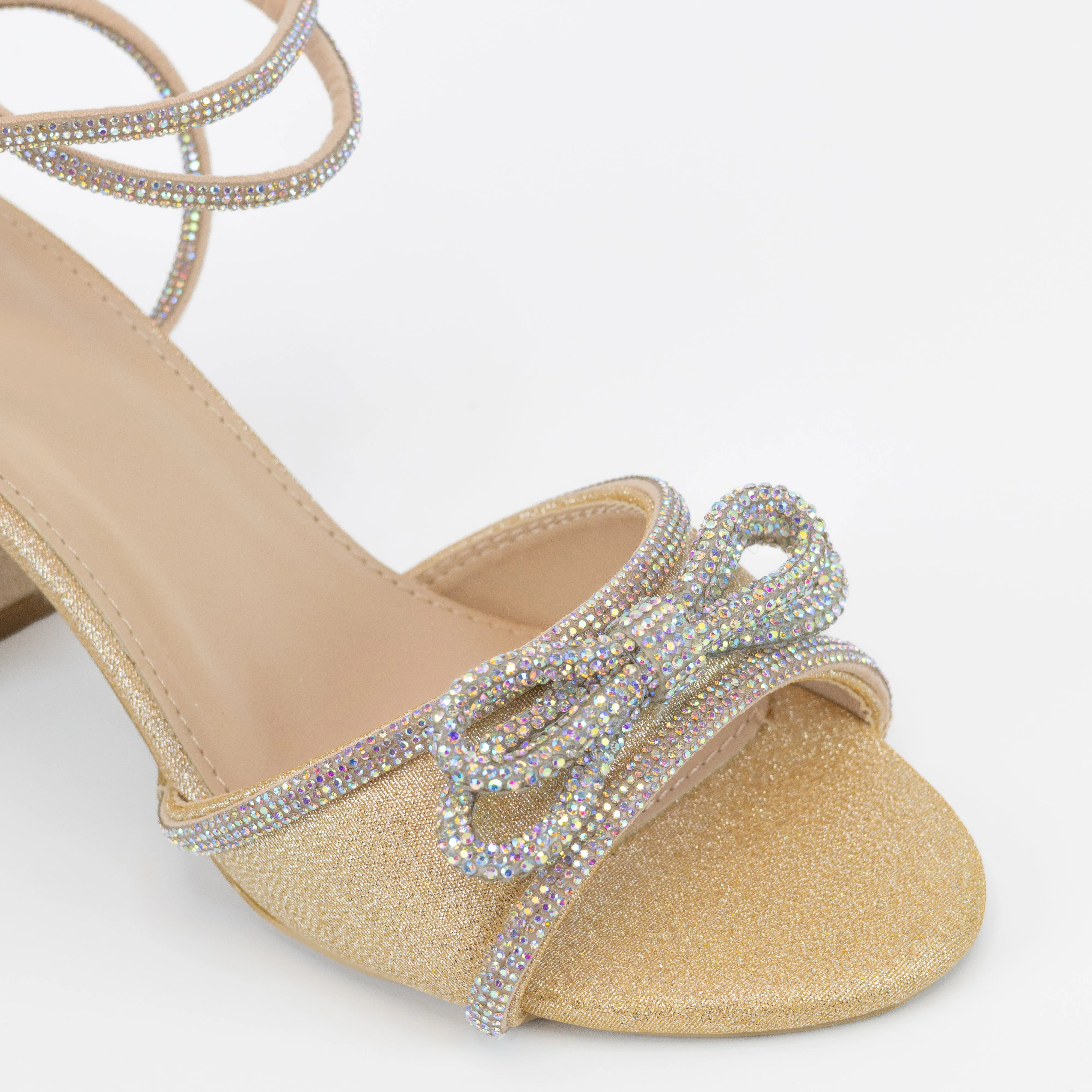 Sunshine - Embellished Lace Up Mid Block Heels, Bow Rhinestone Detailing, Elegant Party Heels, Chic Evening Footwear, Comfortable & Glamorous Design