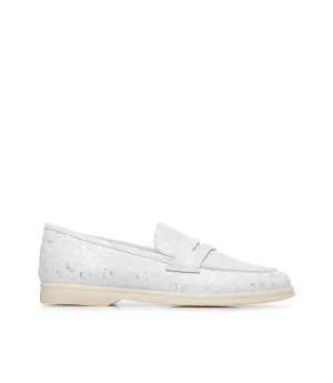 White and silver embossed suede loafers