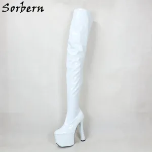 White Sorbern 20cm Block Heels Thigh High Boots – Goth, Punk, Drag Queen, Unisex Cosplay Fetish Platform Boots, Customizable Shaft and Color