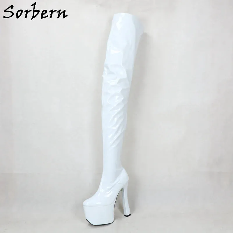 White Sorbern 20cm Block Heels Thigh High Boots – Goth, Punk, Drag Queen, Unisex Cosplay Fetish Platform Boots, Customizable Shaft and Color