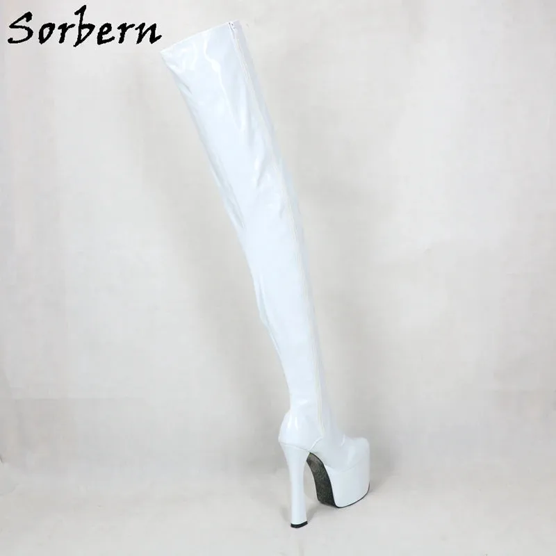 White Sorbern 20cm Block Heels Thigh High Boots – Goth, Punk, Drag Queen, Unisex Cosplay Fetish Platform Boots, Customizable Shaft and Color