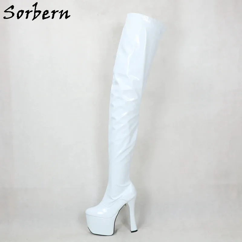 White Sorbern 20cm Block Heels Thigh High Boots – Goth, Punk, Drag Queen, Unisex Cosplay Fetish Platform Boots, Customizable Shaft and Color