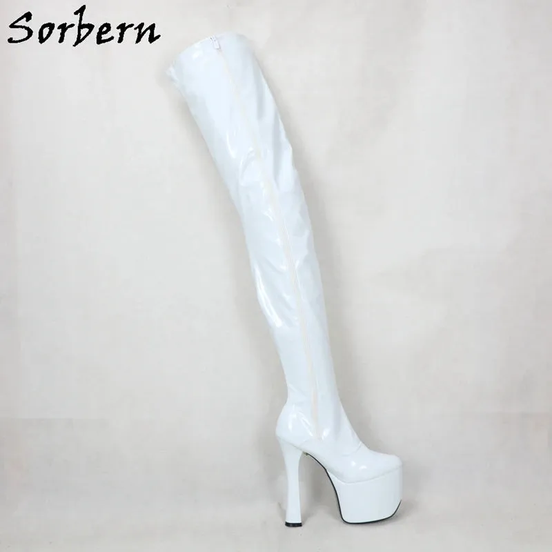 White Sorbern 20cm Block Heels Thigh High Boots – Goth, Punk, Drag Queen, Unisex Cosplay Fetish Platform Boots, Customizable Shaft and Color