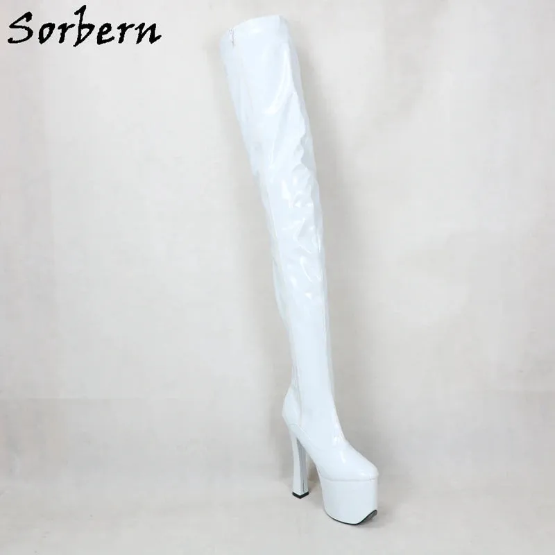 White Sorbern 20cm Block Heels Thigh High Boots – Goth, Punk, Drag Queen, Unisex Cosplay Fetish Platform Boots, Customizable Shaft and Color
