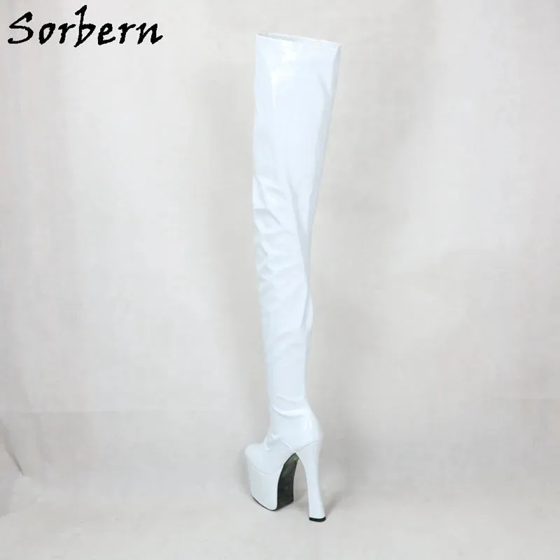 White Sorbern 20cm Block Heels Thigh High Boots – Goth, Punk, Drag Queen, Unisex Cosplay Fetish Platform Boots, Customizable Shaft and Color