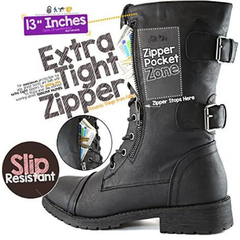Women Lace up Mid Calf Hide Credit Card Knife Money Wallet Extra Pocket Military Combat Boots
