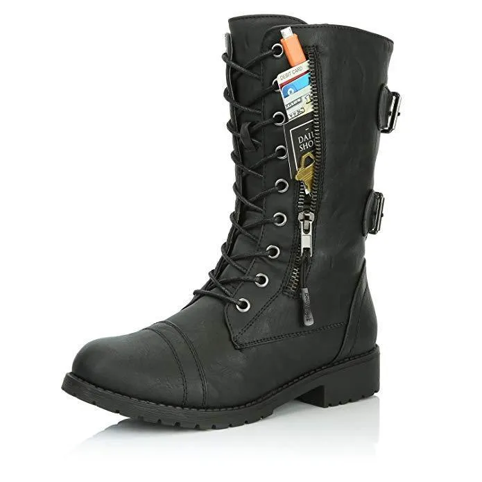 Women Lace up Mid Calf Hide Credit Card Knife Money Wallet Extra Pocket Military Combat Boots