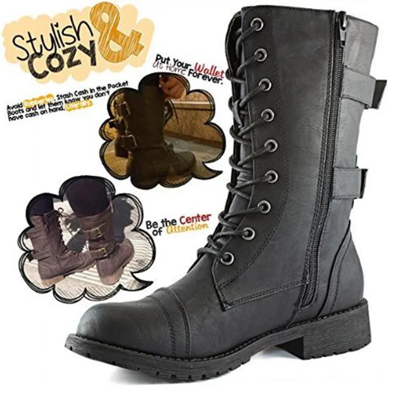 Women Lace up Mid Calf Hide Credit Card Knife Money Wallet Extra Pocket Military Combat Boots