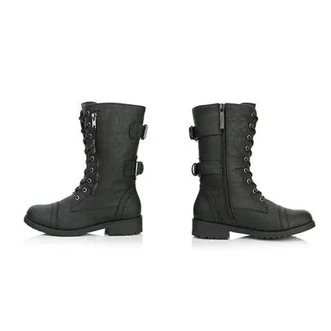 Women Lace up Mid Calf Hide Credit Card Knife Money Wallet Extra Pocket Military Combat Boots