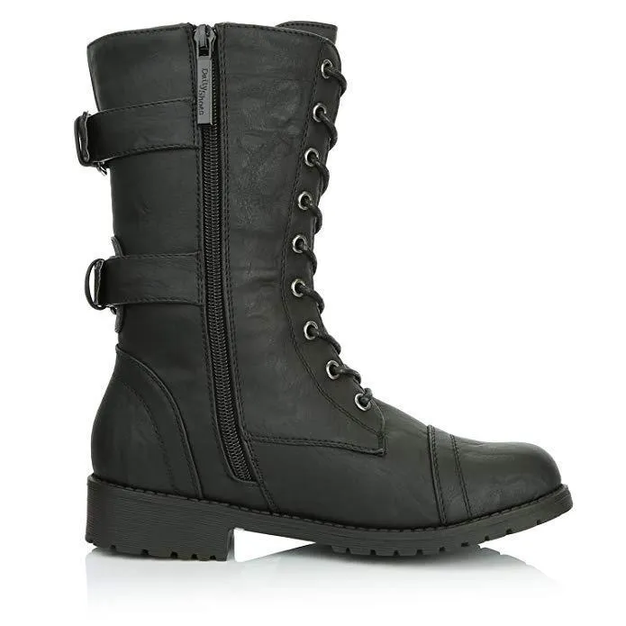 Women Lace up Mid Calf Hide Credit Card Knife Money Wallet Extra Pocket Military Combat Boots